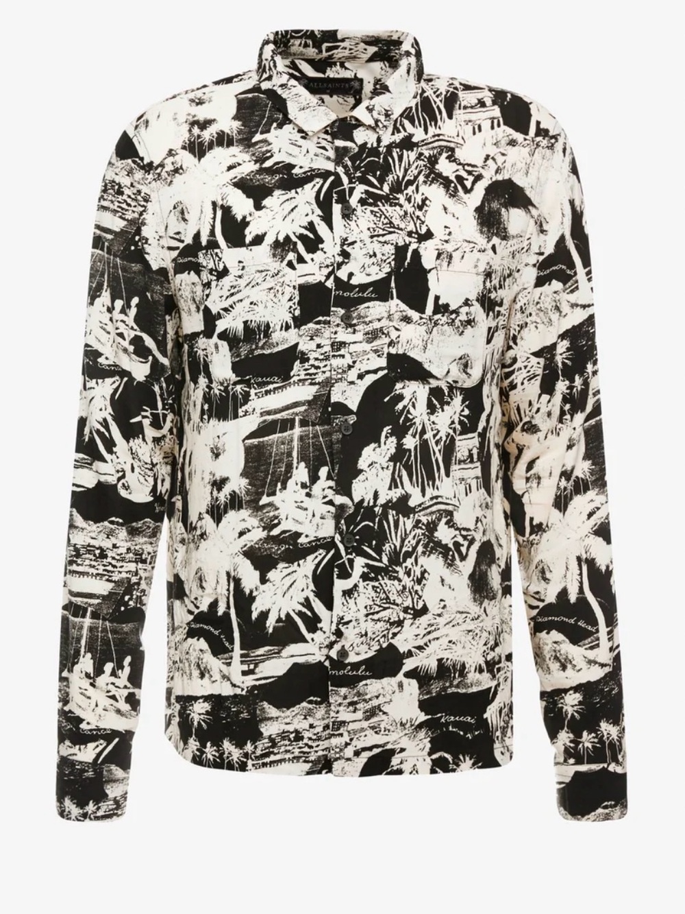 AllSaints Hawaiian Print Button Up Shirt Black Cream Size L - Picture 3 of 10